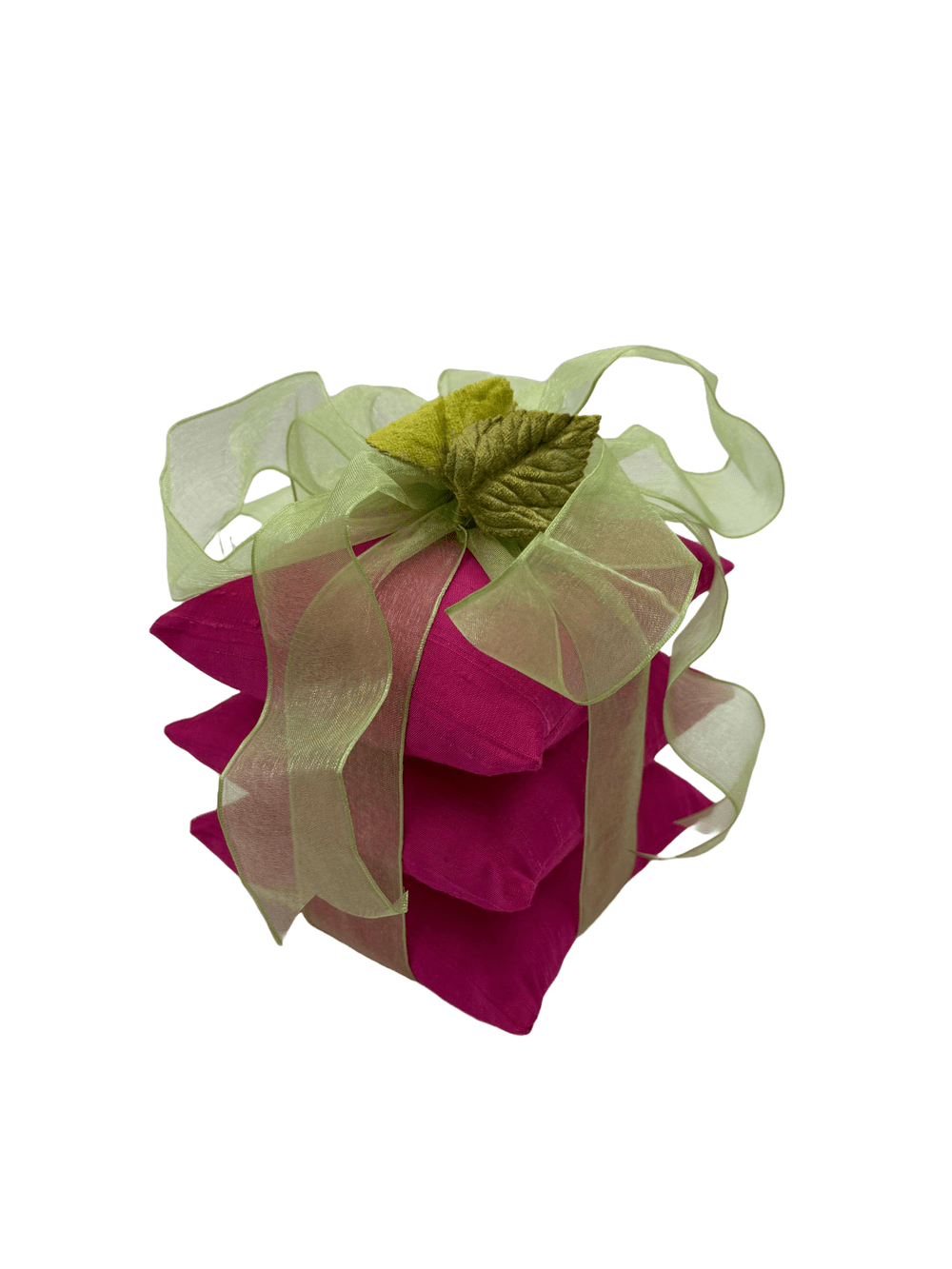 Silk Sachet 3 stack Scented Pillows Magenta with green trim
