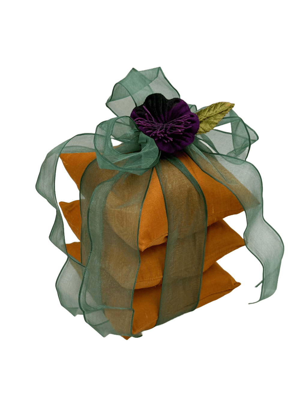 Silk Sachet 3 stack Scented Pillows Gold with green trim